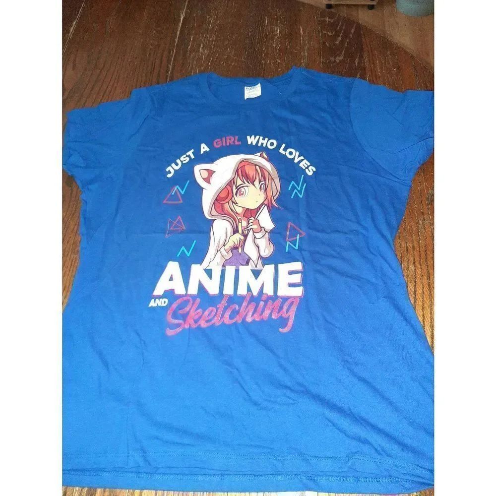 New XL Port & Company Anime Sketching Short Sleeve Crew Neck Tee T-Shirt Top NWT